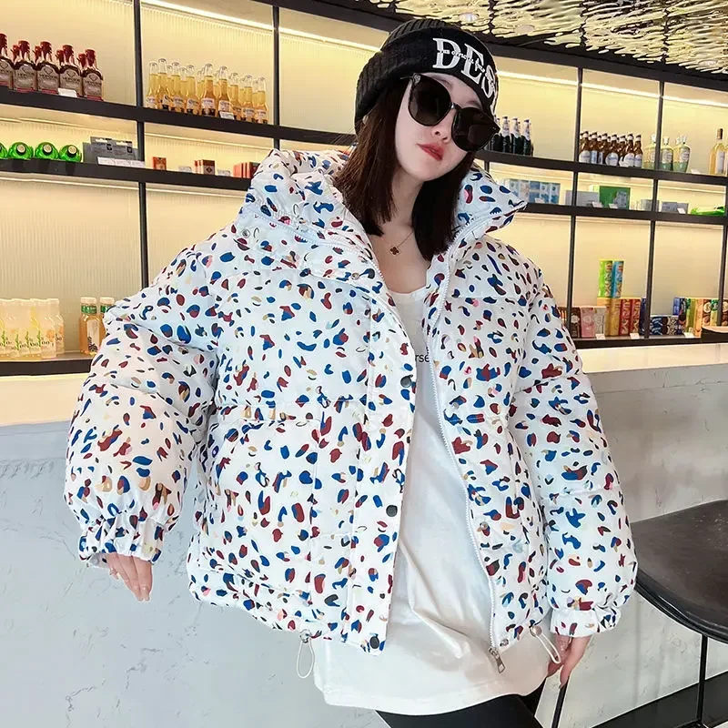 Kimotimo Winter Printed Quilted Coat Women 2024 Winter Short Fashion Zipper Hooded Bread Jacket Korean Style Casual Parkas Tops