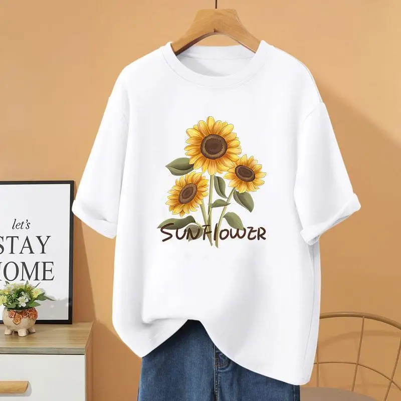 

Womens Clothing Loose Casual Vintage O-Neck T-Shirt, Y2K Floral Printed Basic Pullovers, Summer 100% Cotton Short Sleeve Top Tee