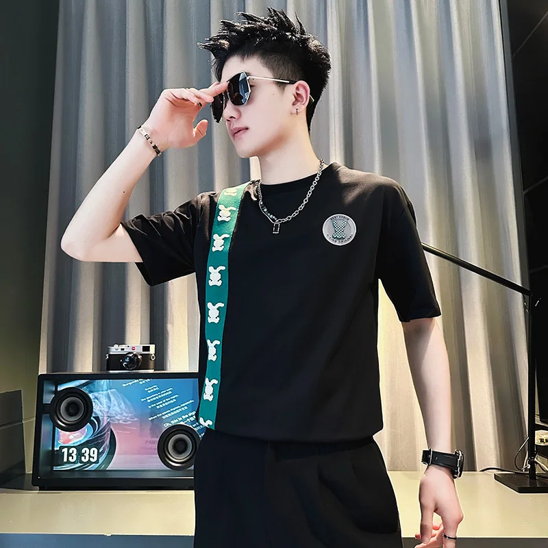 

2023 Fine Men's Fashion Casual Korean Version Slim Everything Handsome Social Guy Male Tide Round Neck Short Sleeve T-shirt