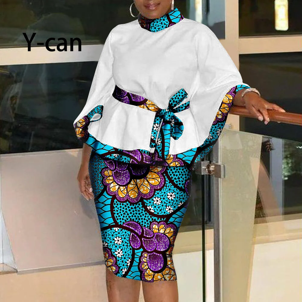 

African Women 2 Pcs Set Print Loose Bat Top and Skirt Set Match Belt Bazin Riche Dashiki Elegant Lady Ankara Outfits Y2226001