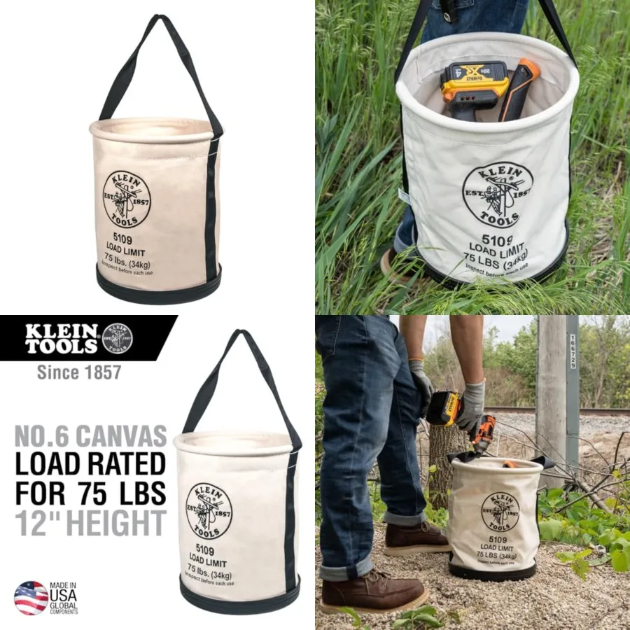 

5109 Canvas Bucket, Wide-Opening Straight-Wall Tool Bucket is Made of No. 6 Canvas with Black Molded Bottom, 75-Pound Load Rate