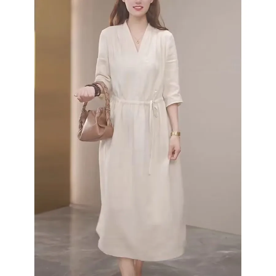 

Элегантное хлопковое льняное платье больших размеров с V-образным вырезом, свободного кроя, женское платье, весна-лето, новый стиль, платье-ципао, удобное, дышащее