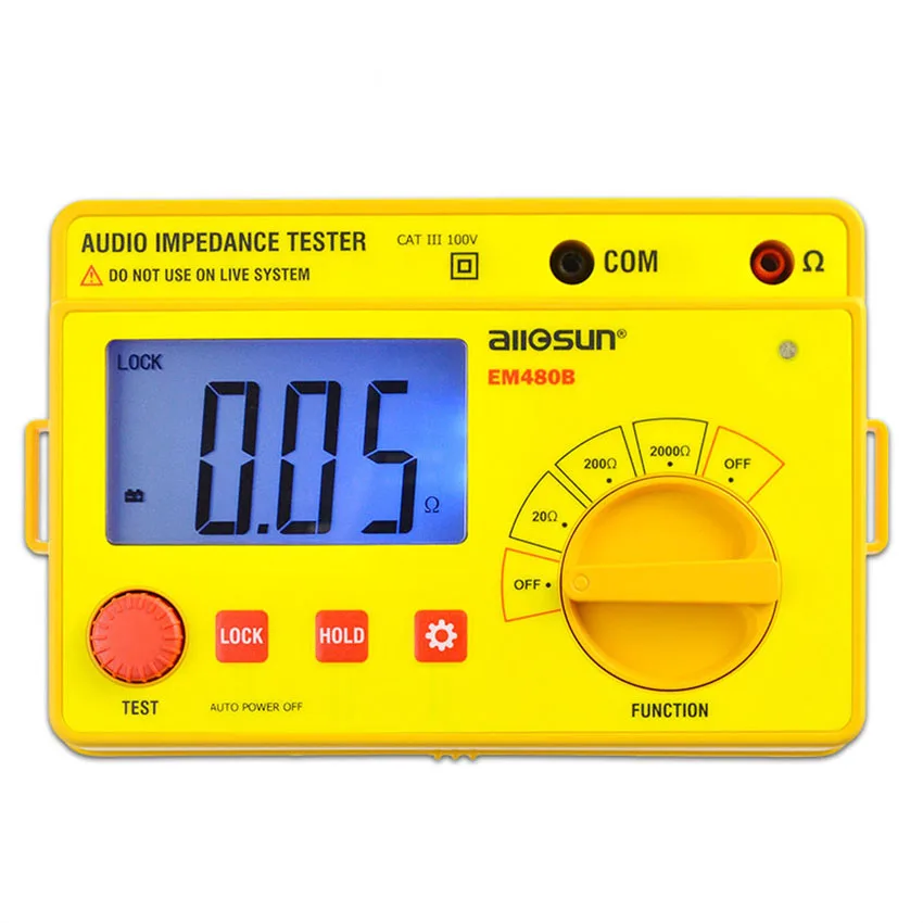 Probador de impedancia de Audio Digital EM480B, rango de prueba, medidor de resistencia de 20Ω/200Ω/2000Ω, frecuencia de prueba de 1KHz, retención de datos LCD