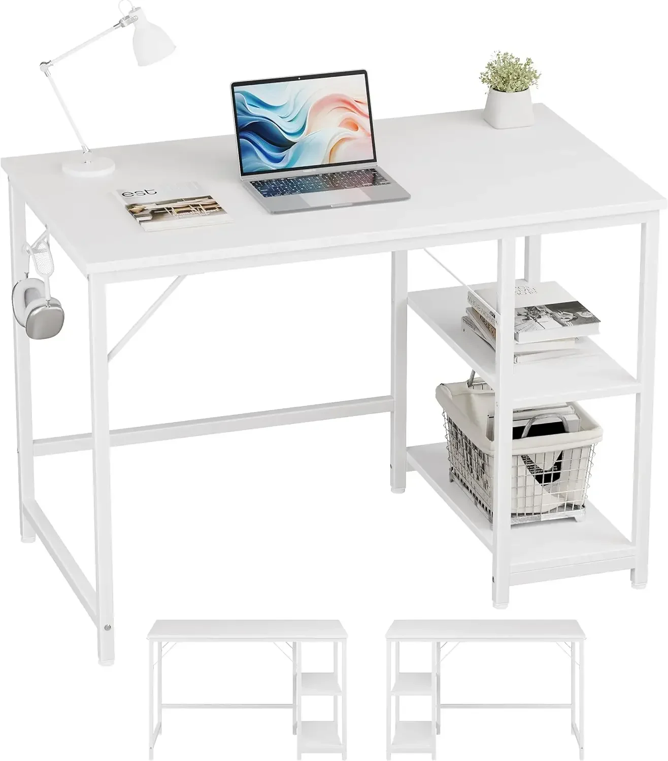 Home Office Computer Desk with Wooden Storage Shelf,Small Office White Desk and Gaming Table with Splice Board