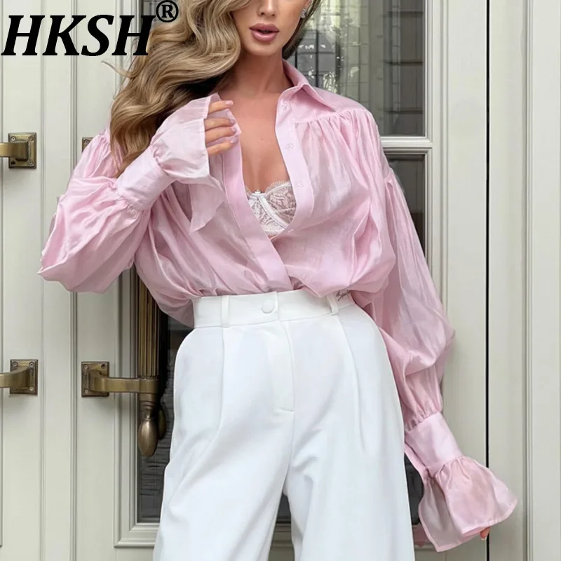 

HKSH Spring Autumn New Women's Shirt Turn-down Collar Single Breasted Flare Sleeves Solid Color Versatile Elegant Blouse HK14240