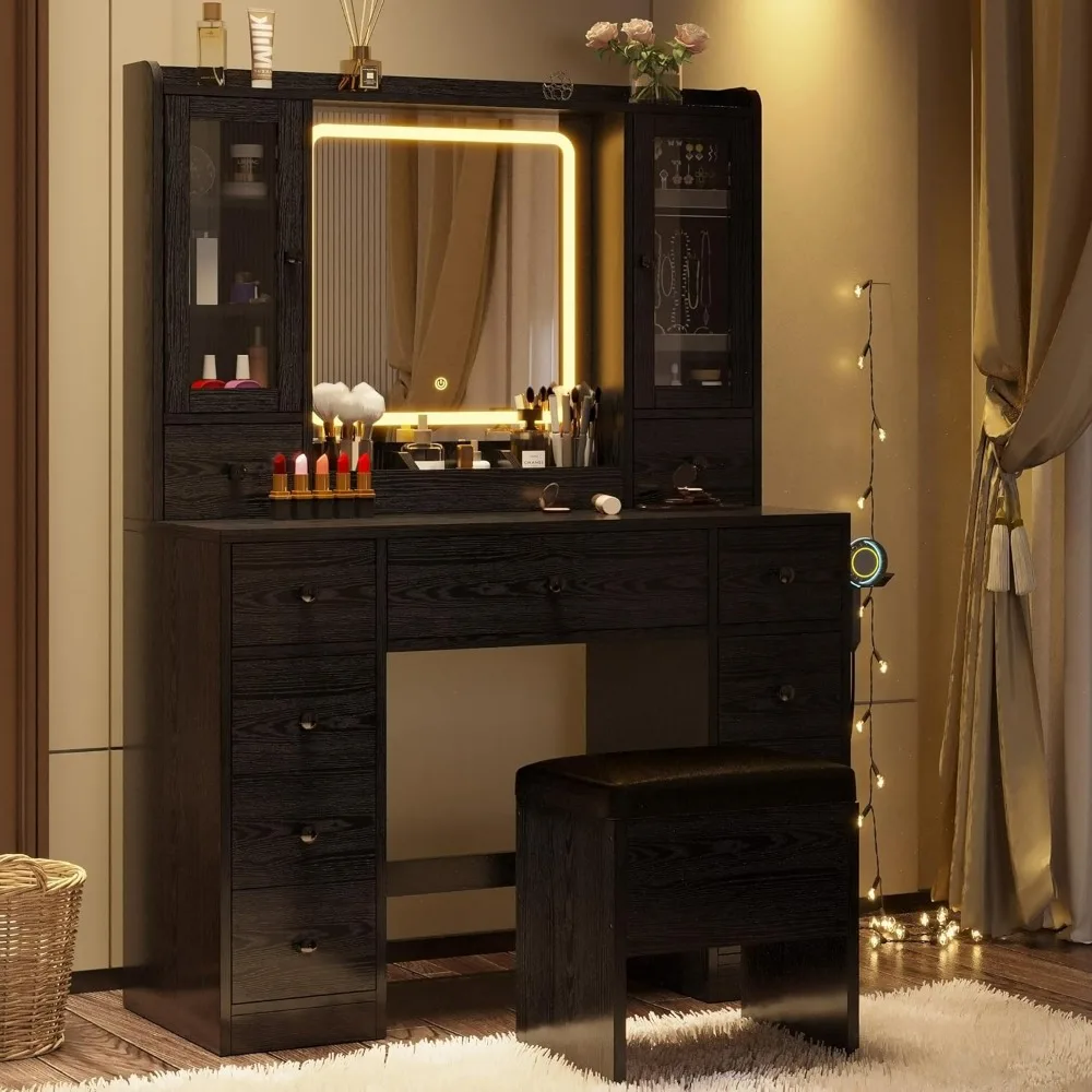 Vanity Desk with LED Lights Mirror and Charging Station, Makeup Vanity Table with Jewelry Armoire, Storage Bench, and 11 Drawers