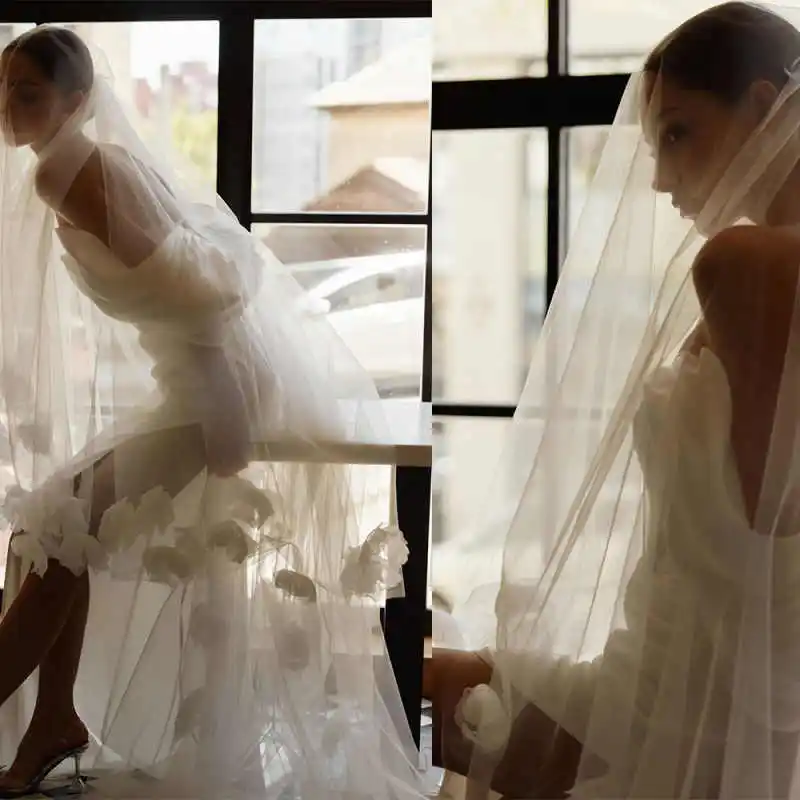 

Graceful Wedding Veil Cathedral Sequins 3D Flower Appliques One-Layer With Comb 300cm Length 300cm Width Bridal Veil Customized