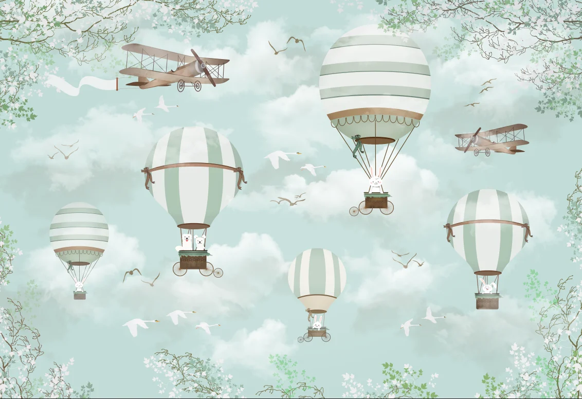 Customized cartoon photo wallpaper children's room decoration wallpaper cartoon hot air balloon airplane 3d wallpaper