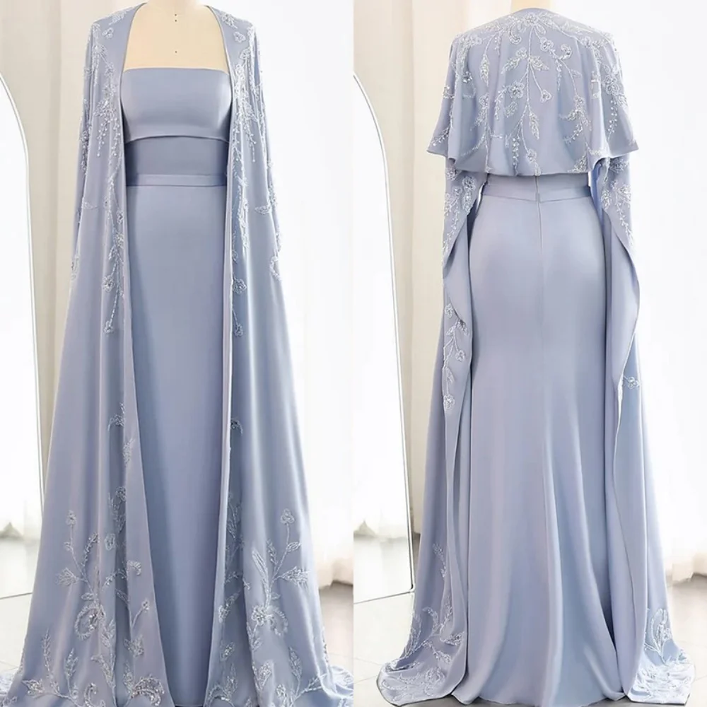 

Customized Elegant Light Blue Jersey Evening Dress Classic Strapless Shawl Zipper Back Mermaid Beading Special Occasion Gowns