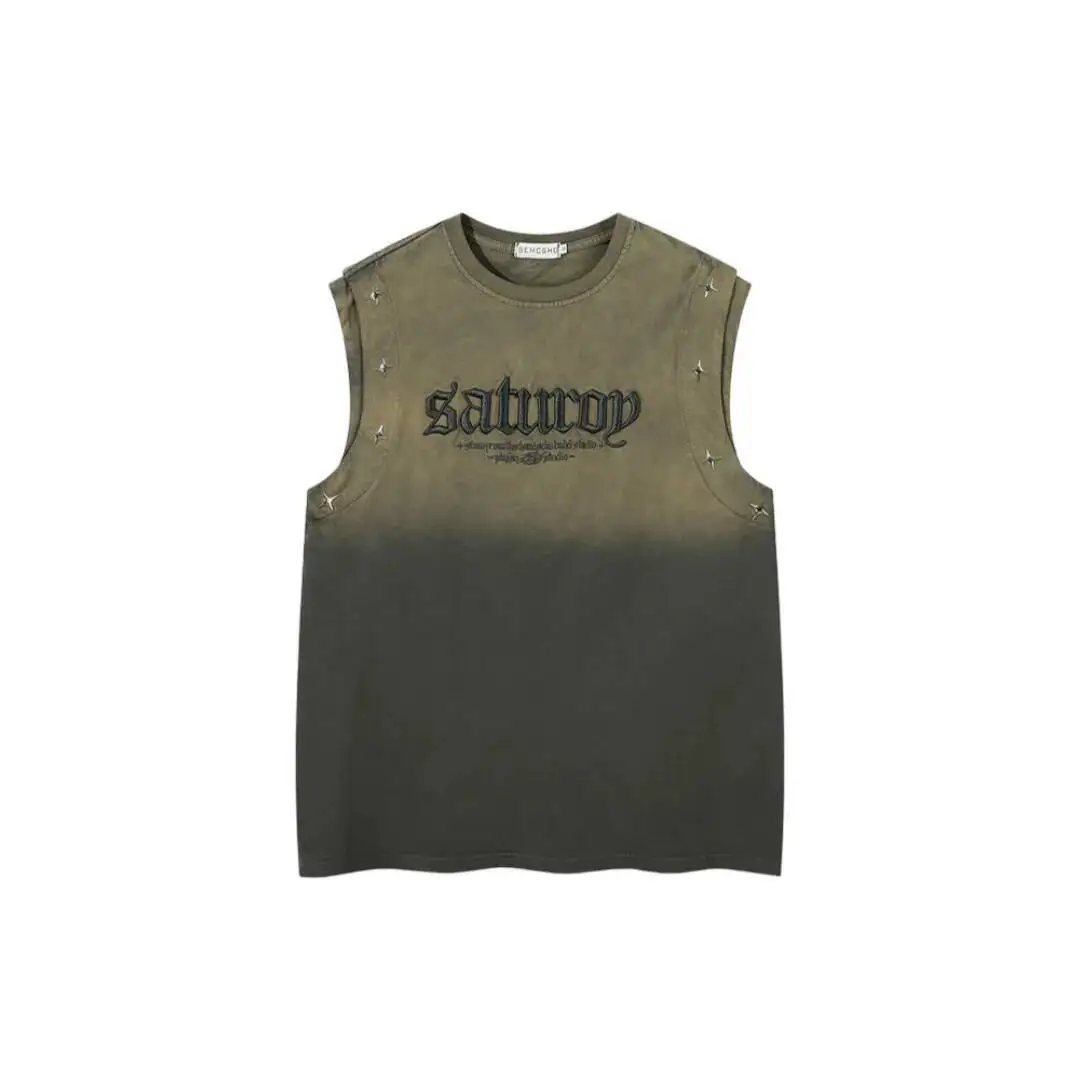 

Man Women Tank Top Vintage Gradient Studded Vest For Unisex Hiphop Style Letter Embroidery Loose Cotton Casual Sleeveless Top