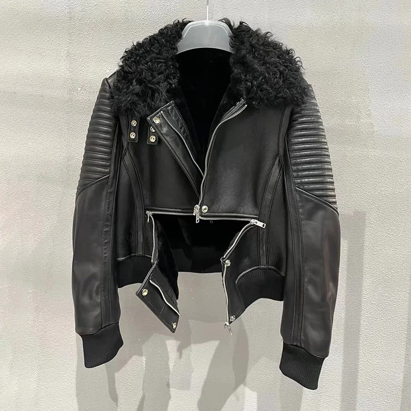 Women New Style Leather Jackets Lady 2023 Fashion Bomber Jackets Sheepskin With Lamb Fur Collar Autumn Winter Coats GT5087