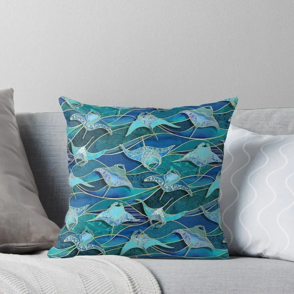 Patchwork Manta Rays in Sapphire and Turquoise Blue Throw Pillow autumn pillowcase Sofa Cushion Cover Couch Pillows pillow