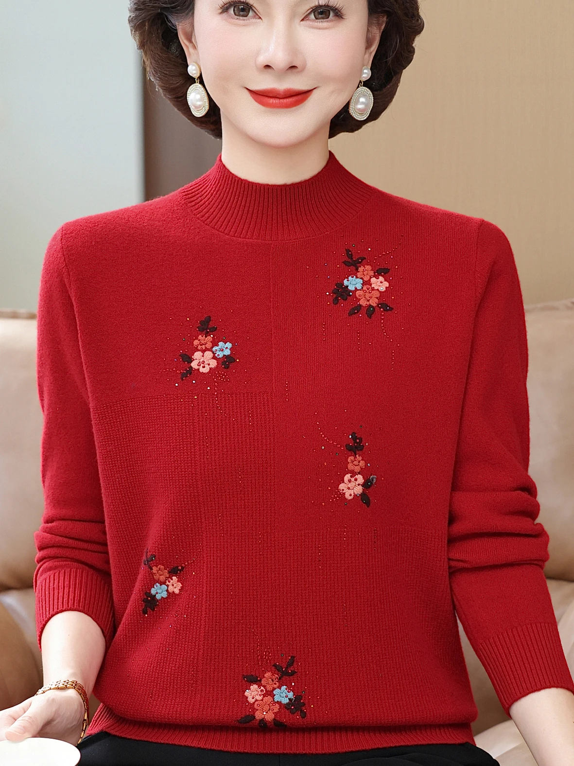 

Embroidered Woolen Sweater Faionable Slim Fit f High Collar Base irt for Middle-Aged And ly Women Red Autumn Winter