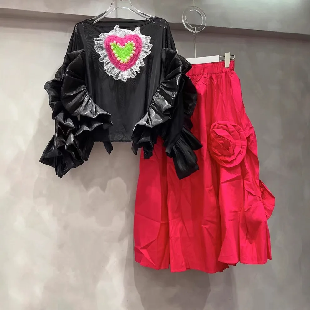 Women Love Embroidery Diamonds Pearls Beaded T-shirt Ruffles Edges Long Sleeve Tees Loose Irregular Irregular Lotus Jumpers Tops