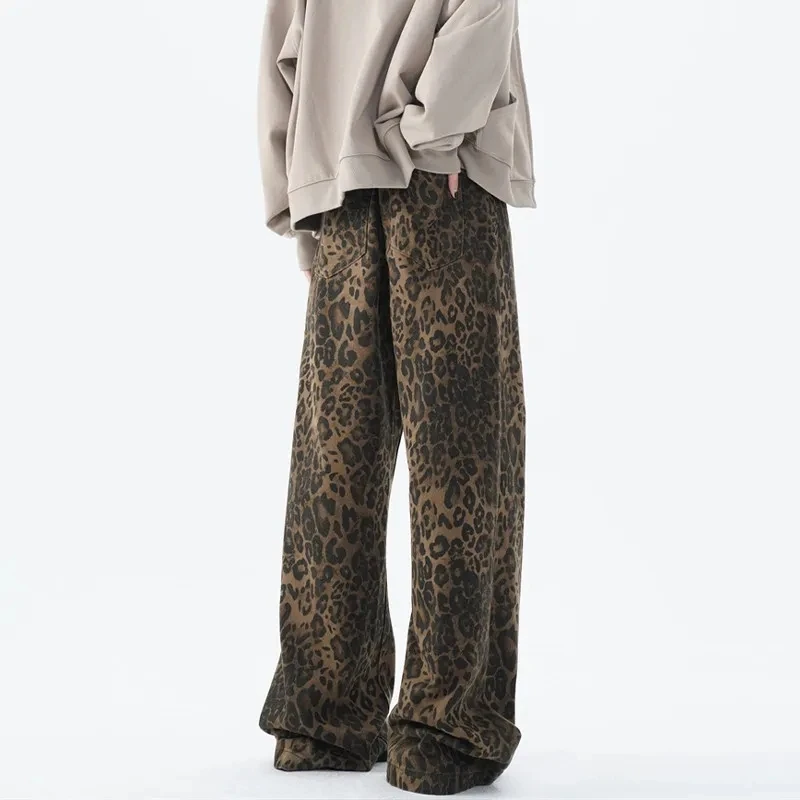 American Retro Leopard Print Jeans Women Spring And Summer 2025 Fashion Wide Leg Pants Loose Drape Mopping Trousers