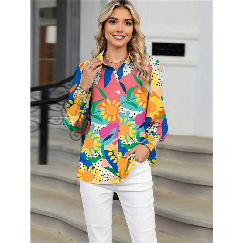 

ABP-Women 2025 Loose V-Neck Shirts Print Lantern Sleeve Blouse Boho Tops