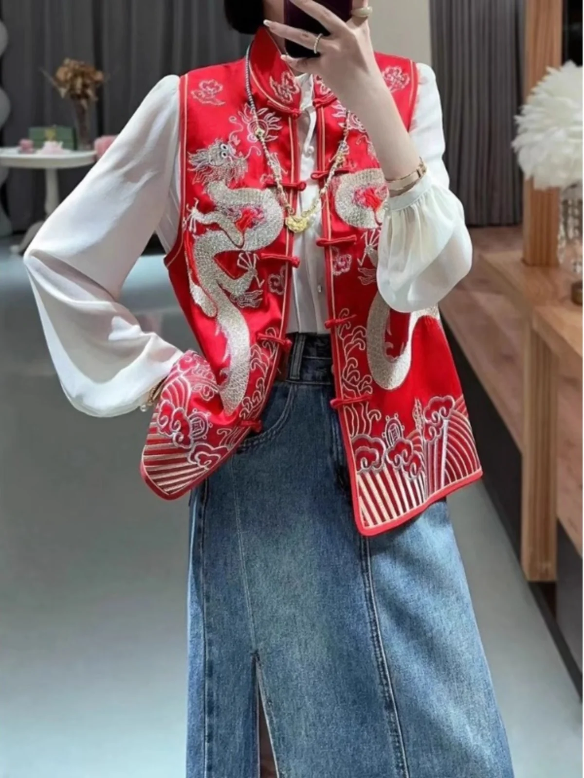 High Quality |New Chinese Style Red Vest Coat Women's Spring and Autumn National Waistcoat Top