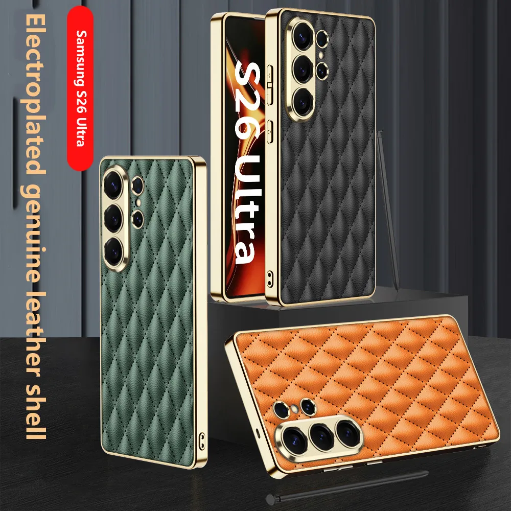 

Case For Samsung Galaxy S26 Ultra S26Ultra 5G Ultra Thin Electroplated Gold Border Frosted Diamond Grid Leather Pattern Cover