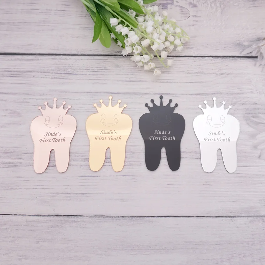 

Custom 10x6cm Lovely Baby Boy First Tooth Acrylic Mirror Tag Personalized Babyshower Anniversary Party Guest Gift Decoration