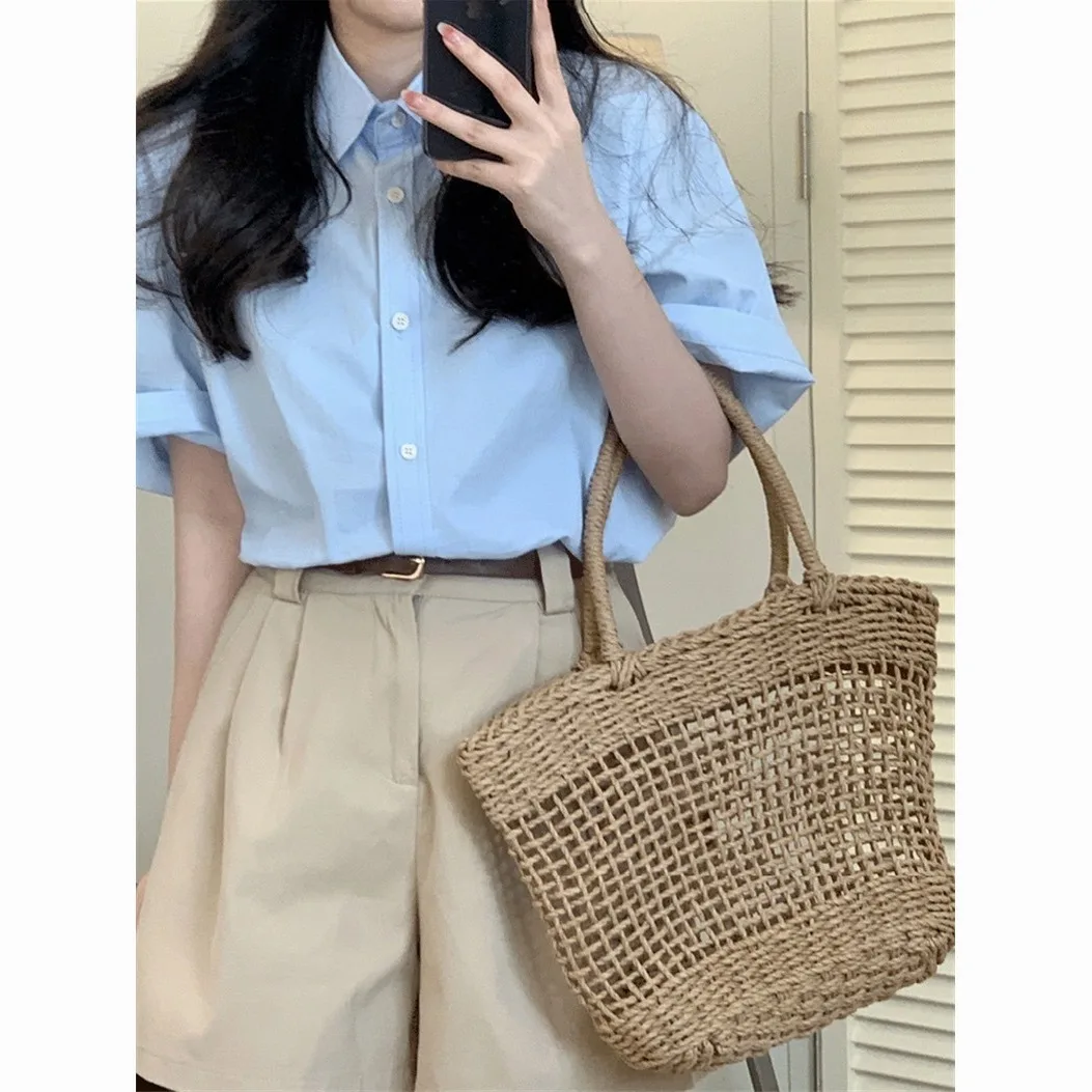 

Short Sleeve Shirts Womens Jacquard Patchwork Pintuck Loose Shirt Vacation Travel French Artistic Student Youthful Getaway