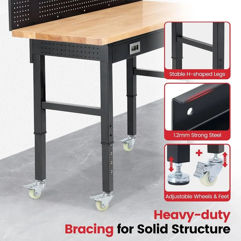Work Bench with Wheels 60 x 22 Inch Heavy Duty Rubberwood Tabletop Work Table Adjustable Height Garage Workbench with LED, Ders,