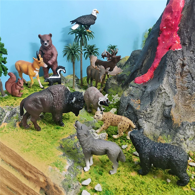 Bebê montessor simulado floresta animal urso marrom veado vermelho búfalo guaxinim antílope urso preto modelo animal brinquedo educativo presente