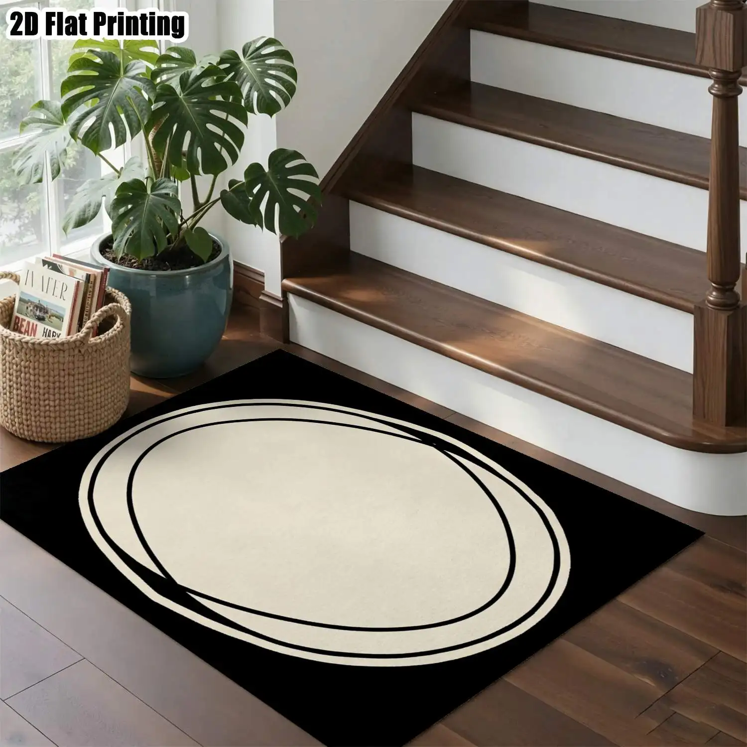 1Pc 2D Printed Black Apricot Carpet: Double-Layered Oval Line Pattern, Modern Simple, Machine Washable, Multi-Size for Home Decor & Multiple Scenes