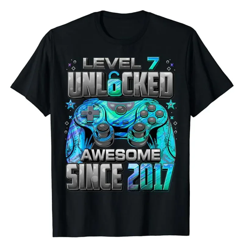 Video Game Lover Gamer Tee Tops Boys Fashion Sons Nephew Gifts Level 7 Unlocked Awesome Since 2017 7th Birthday Gaming T-Shirt