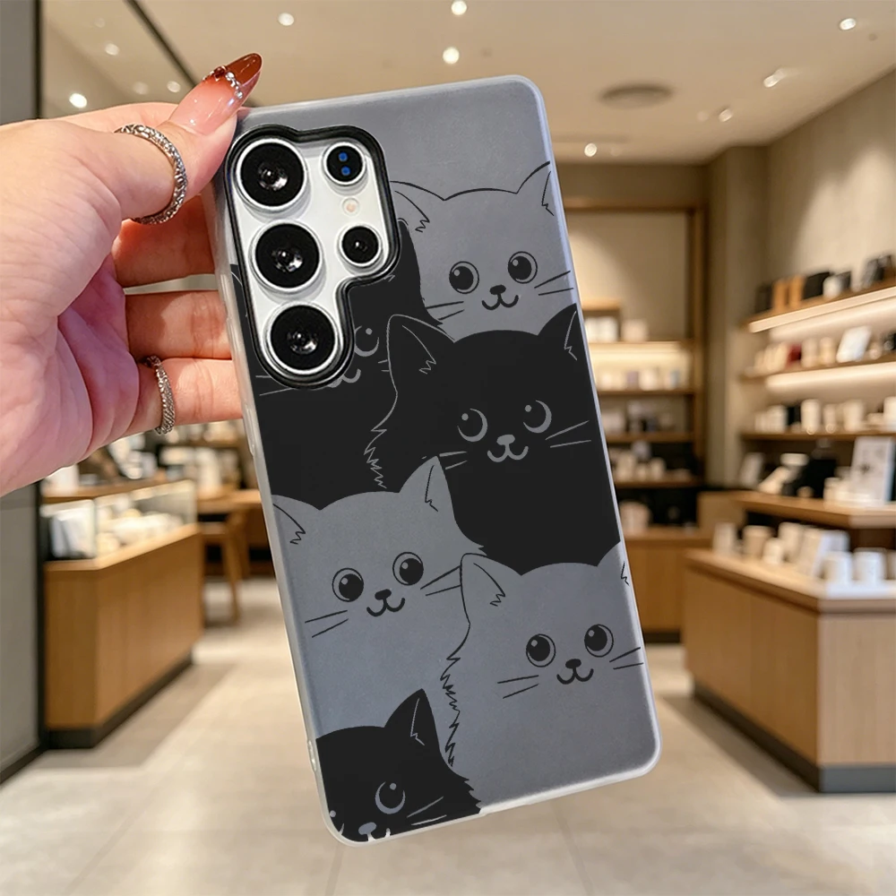 Black White Cat Line Art Candy Jelly Dual Layer Shock Cover Anti Drop Phone Case For Samsung S26 S25 S24 S23 Ultra Plus FE