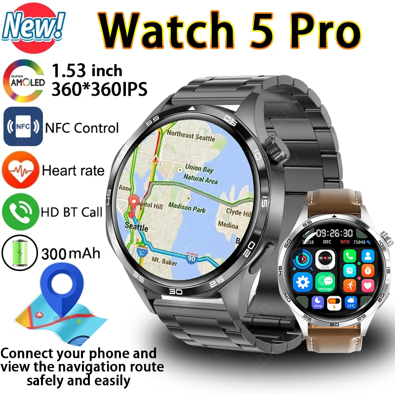 

Для IOS Android GT5 Pro GPS SmartWatch Мужчины 360*360 AMOLED Экран BT Вызов IP67 Водонепроницаемый монитор сердечного ритма Мужские умные часы 2025
