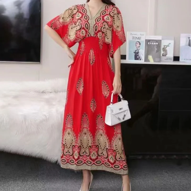 Vintage Retro Women\'s Red ress New In Office Lady Party Dress V-Neck Short Sleeve A-Line Dress Elastic Waist Chic Print Dress