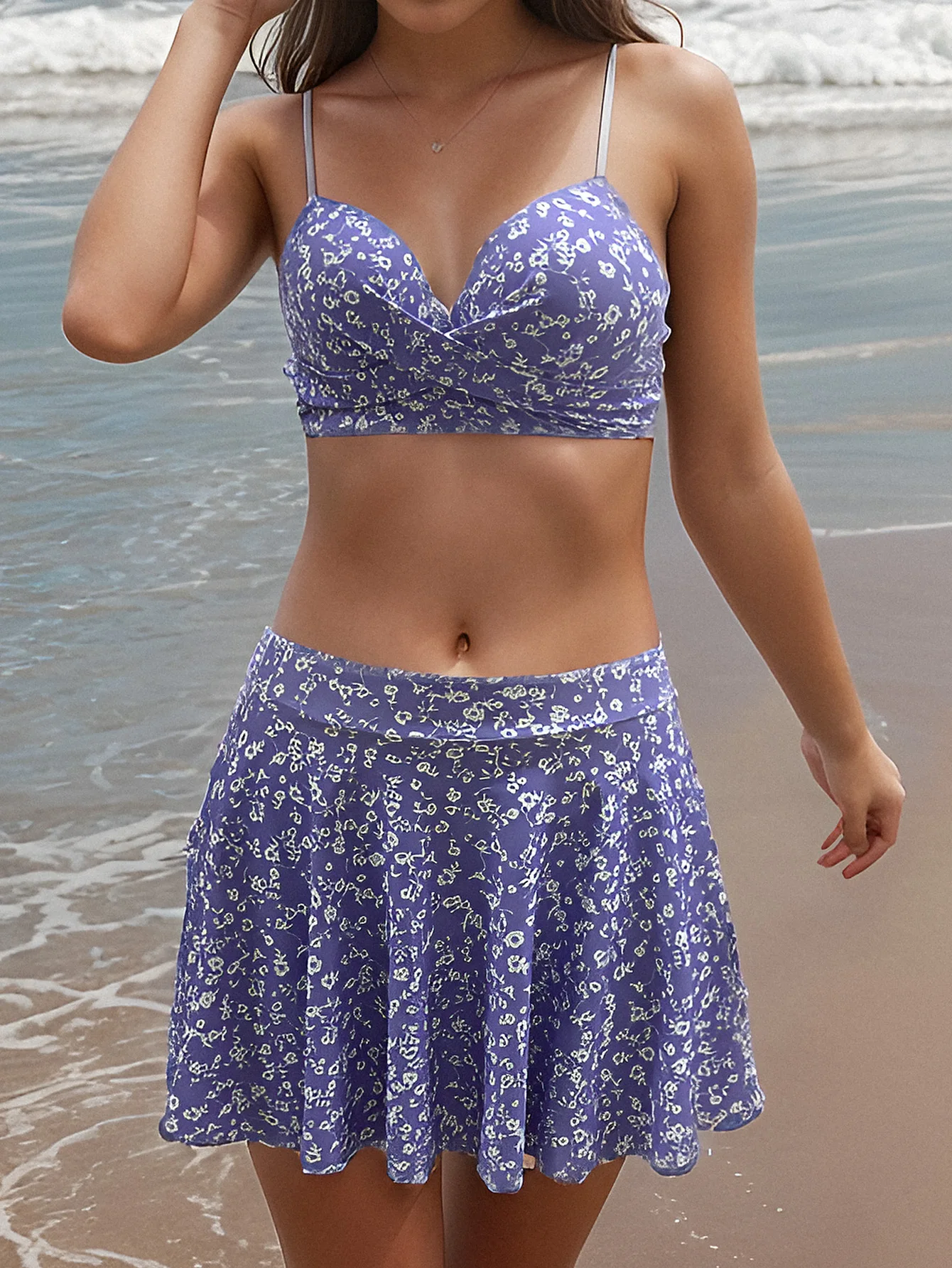 Women's 3-Piece Floral Bikini Set Sexy Halter Neck Two-Piece with Cover-Up High Waist Swimwear Straps Bikini Swimsuit Mini Skirt