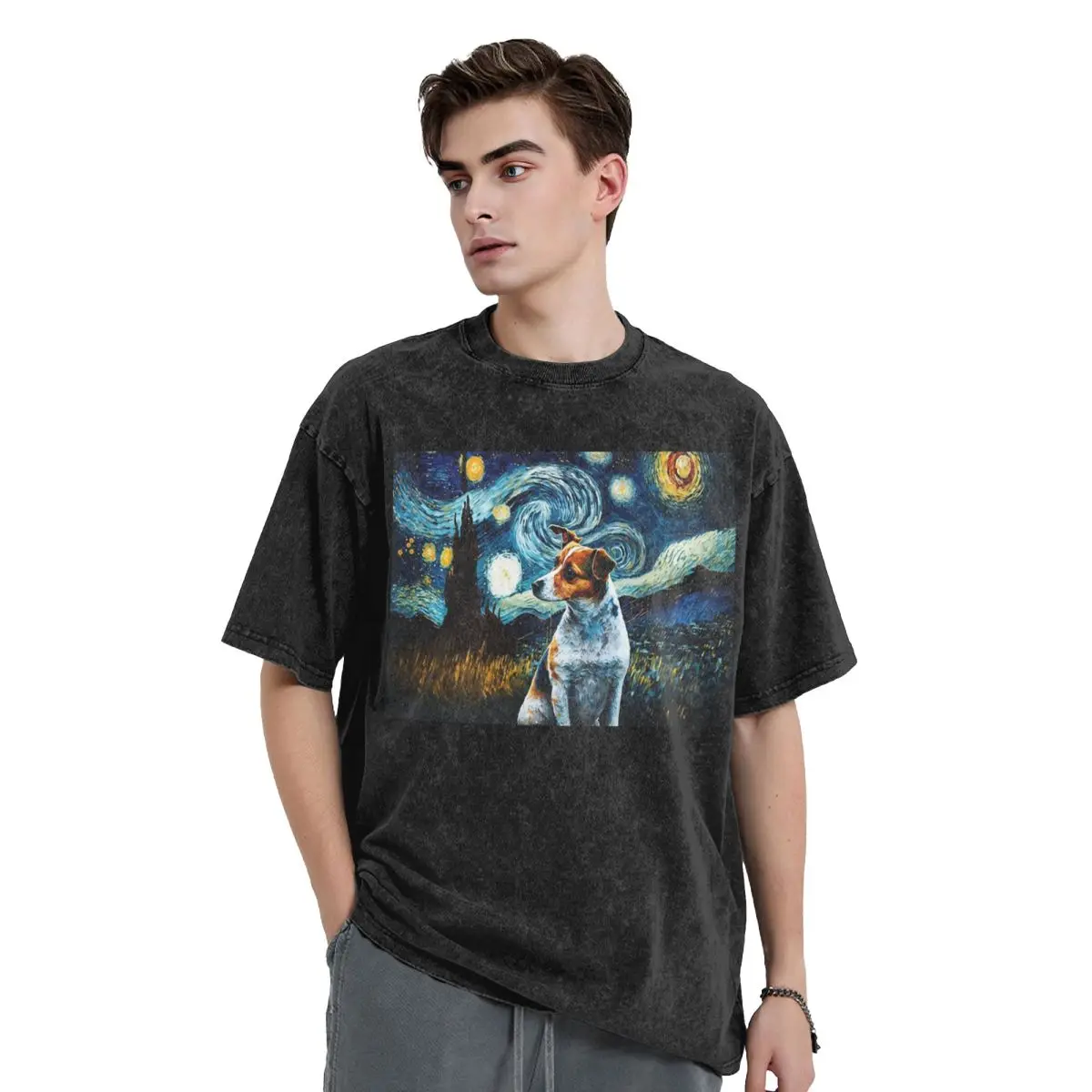 Dog Jack Russell Terrier Pop Art Washed T Shirts Harajuku Short Sleeve Hip Hop T-Shirt Streetwear Tops Tees for Men Women