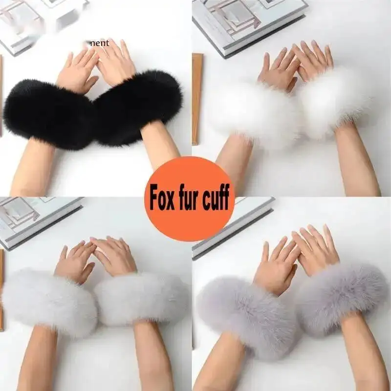 Women 100% Real Fox Fur Wrist Cuffs Winter Warmer White Arm Warmers Covers Luxury Natural Fashion Lady Detachable Sleeves