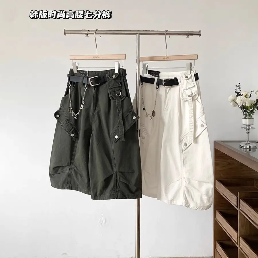 Summer 2026 New Korean Fashion Pocket High Waist Calf-Length Pants Women Clothing All-match Solid Color Five Quarter Pants Femme