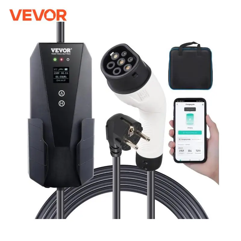 VEVOR Portable EV Charger Type 2 16A 3.68kW with 25ft Charging Cable CEE 7/7 Plug LCD Screen for Electric Vehicle Car Charging