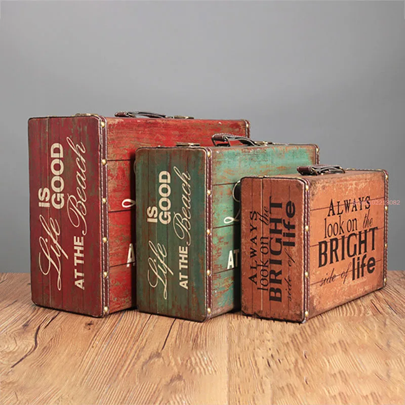 1pc Vintage Artcrafts Retro Wooden Box Suitcase Decoration Ornaments Decoration Props Desk Display Figurines Sundries Holders