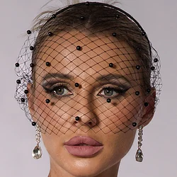 Elegant Black Pearl Bridal Mesh Veil Headband Wedding for Women 2024 Fashion Show Fishing Net Face Jewelry Mask Prom Reusable