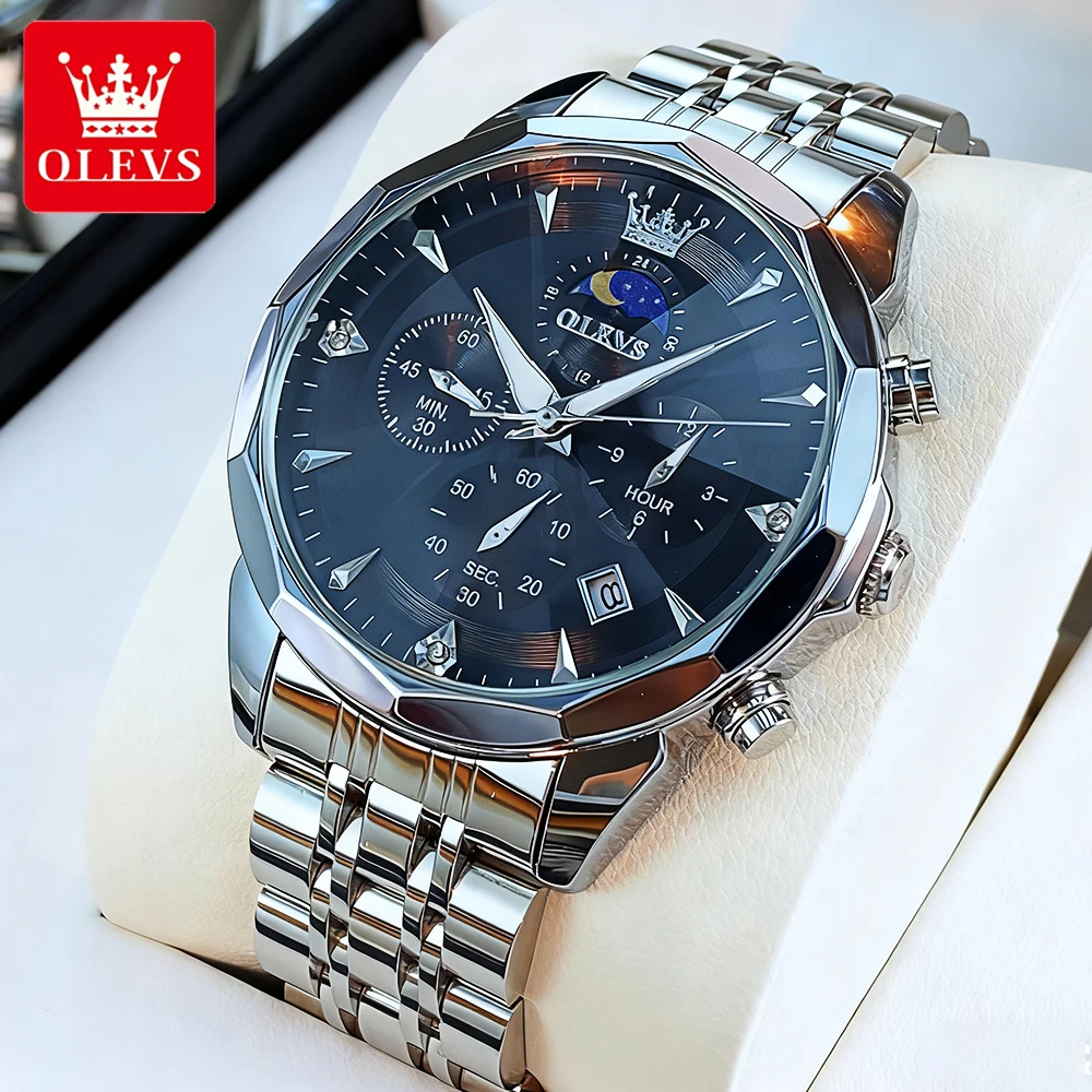 

OLEVS Men Watches Trend Fashion Fine Steel Original Brand Wristwatch for Man Moon Phase 24h Waterproof Luminous Date Chronograph
