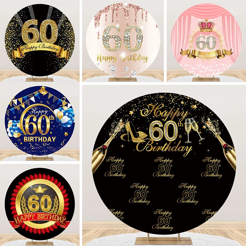 60th Birthday Backdrop Round Cover 60 Years Old Man Woman Party Decorations Black and Gold Glitter Circle Photo Background Cloth