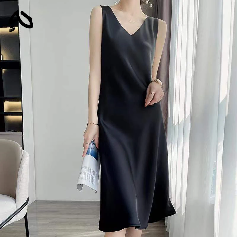 Original Women\'s Dress Solid Colorsexy V-neck Sleeveless Elegant Satin Party Dress Korean Style Harajuku Vestido Dresses 드레스