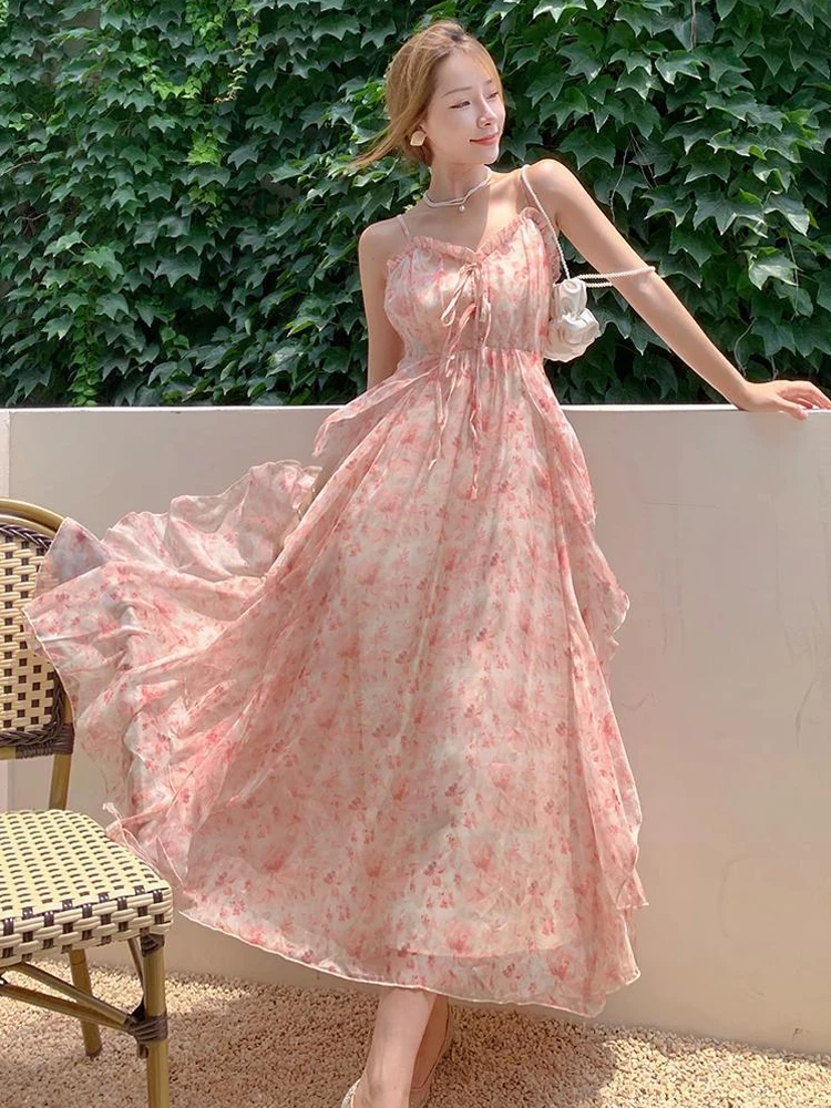 

Summer Pink Floral Ruffle Dress Women French Seaside Holiday Sleeveless Strapless Woman Long Dresses New