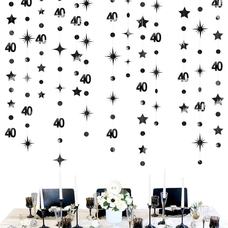 Black 40th Birthday Decorations Number 40 Circle Dot Star Garland Metallic Hanging Streamer for 40th Anniversary Party Supplies