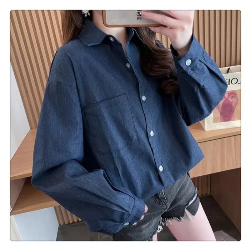 Spring Summer Women's 2024 New Splice Polo Collar Button Pocket Fashion Solid Color Minimalist Casual Long Sleeve Blouses Shirts