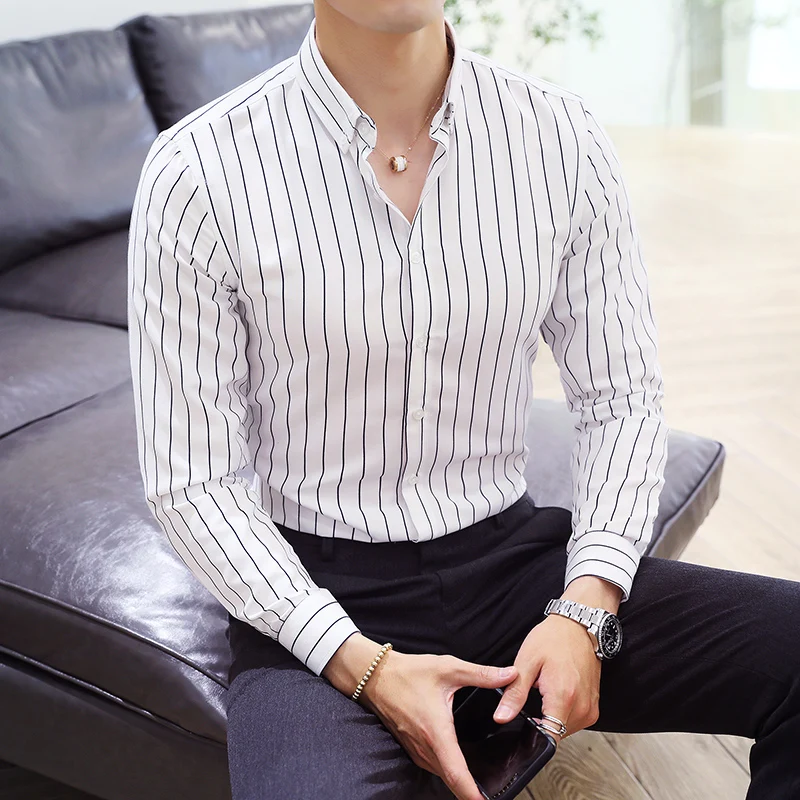 Men\'s striped shirt slim fit long sleeved high-quality business 2024 summer casual formal shirt Korean version casual dress shir