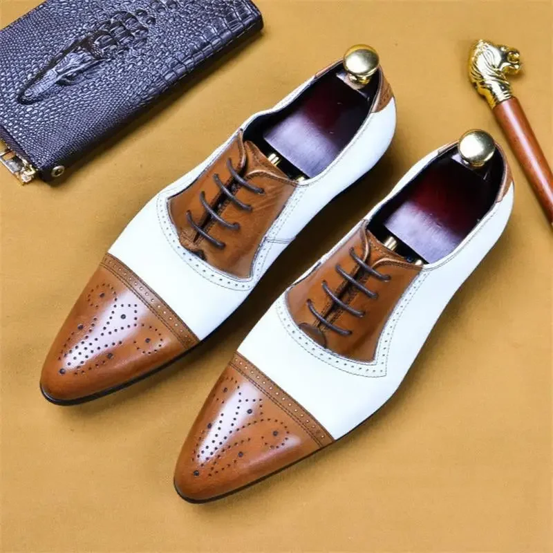 Brogue Shoes Men Shoes PU Color Matching Fashion Business Casual Personality Pointed Toe Hollow Lace-up Oxford Dress Shoes