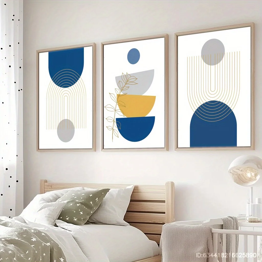 3 шт. минималистичный холст в рамке, свежий космический художественный мелинок, горчично-желтый и серый, темно-синий, бохо, минималистичный, радужная линия
