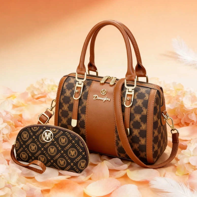 2-piece set of high-end handbags from Boston, including classic large-capacity handbag, messenger bag, fashionable printed shoul