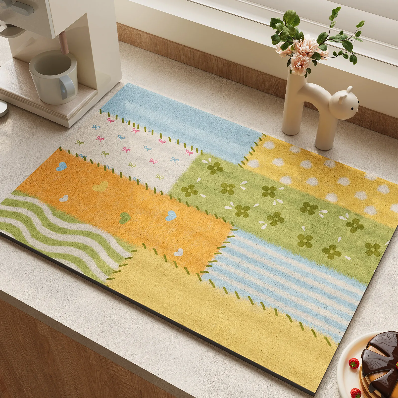Colorful Patch Floral Print Dish Drain Pad Non Slip Heat Insulation Kitchen Counter Mat for Coffee Maker Plate Cup Drying