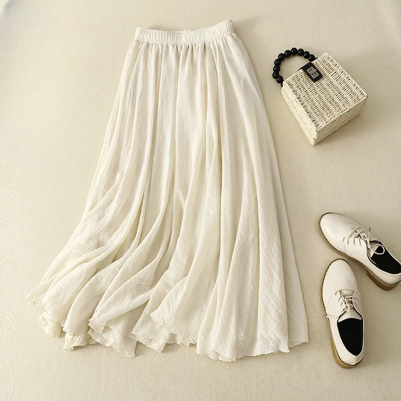 Slim Cotton Leaf Edge Double Layer Half Skirt Loose Waist A- shaped Big Swing Skirt Women Casual Style Long skirt